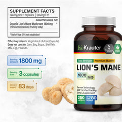 BIO KRAUTER Lions Mane label highlights natural extract and ingredients.