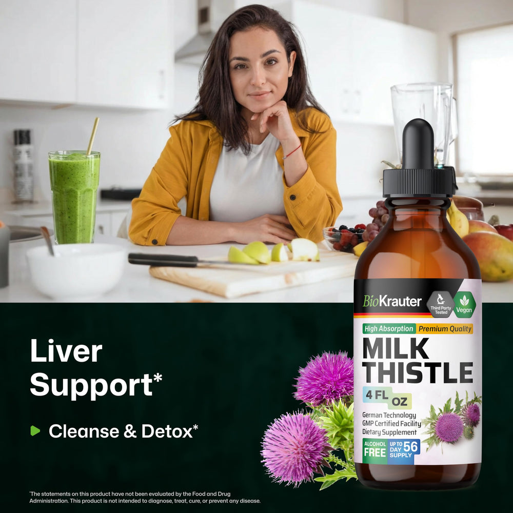 BIO KRAUTER Milk Thistle drops in water showing convenient mix.