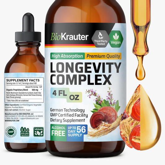 BIO KRAUTER Longevity Mushroom bottle closeup showing a clear, potent tincture for daily wellness.