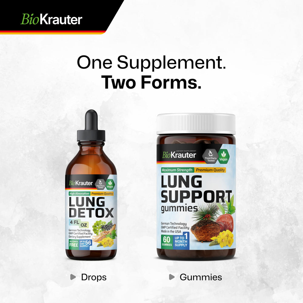 BIO KRAUTER Lung Detox Drops bottle with water dose ready to drink.