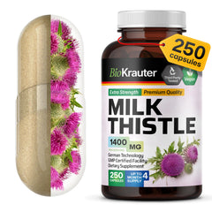 BIO KRAUTER Milk Thistle capsules bottle for liver support on kitchen counter.