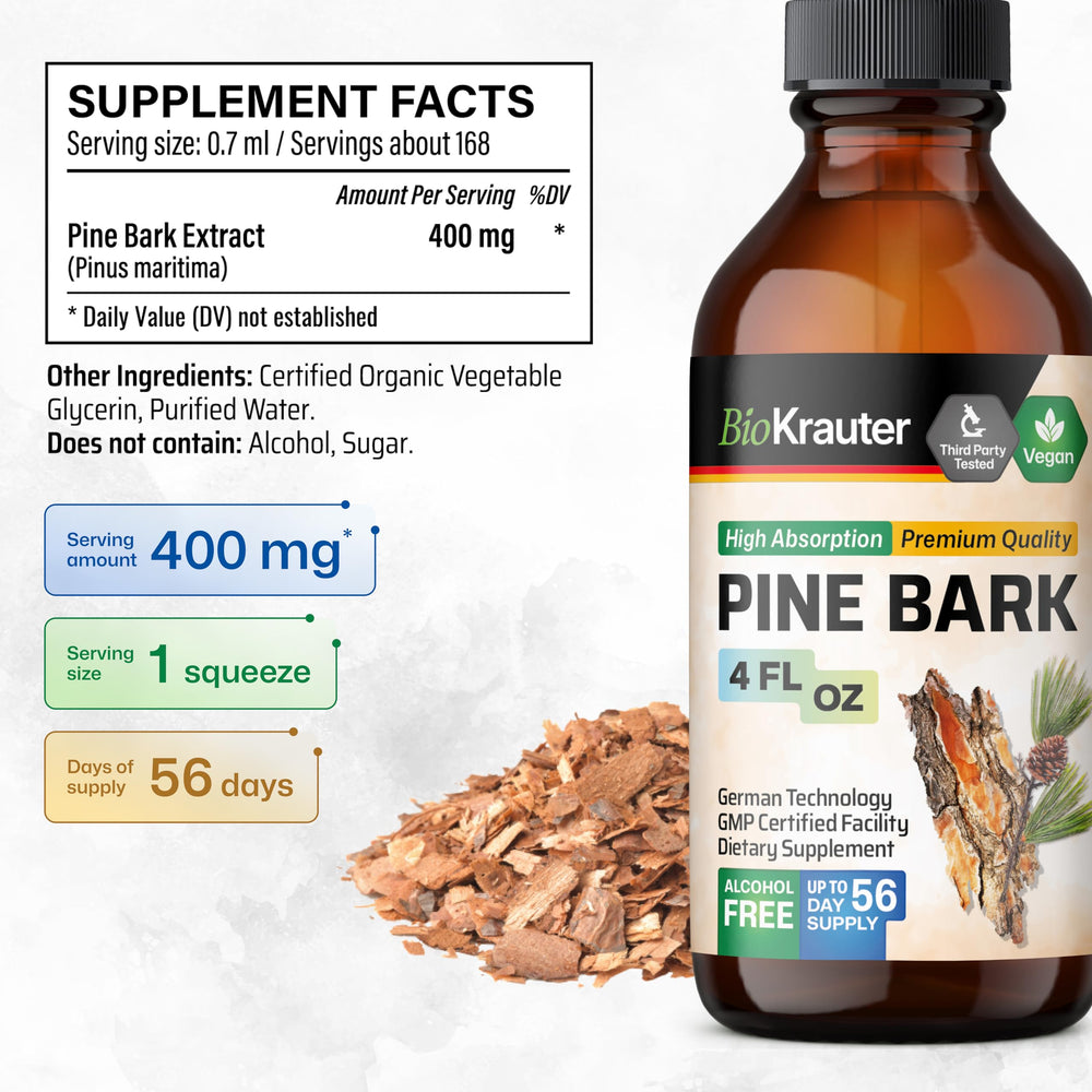BIO KRAUTER Pine Bark Drops under-tongue for quick dosing.