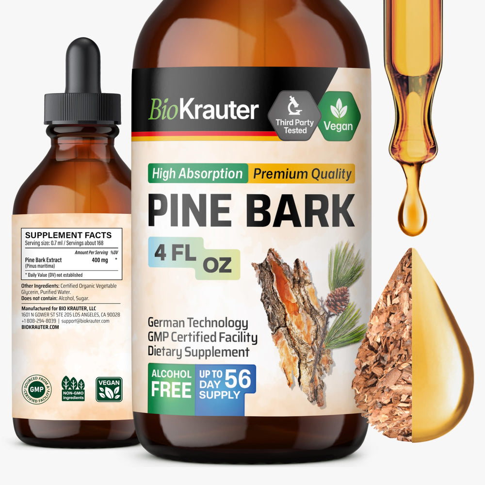 BIO KRAUTER Pine Bark Extract bottle showing antioxidant support for daily wellness.