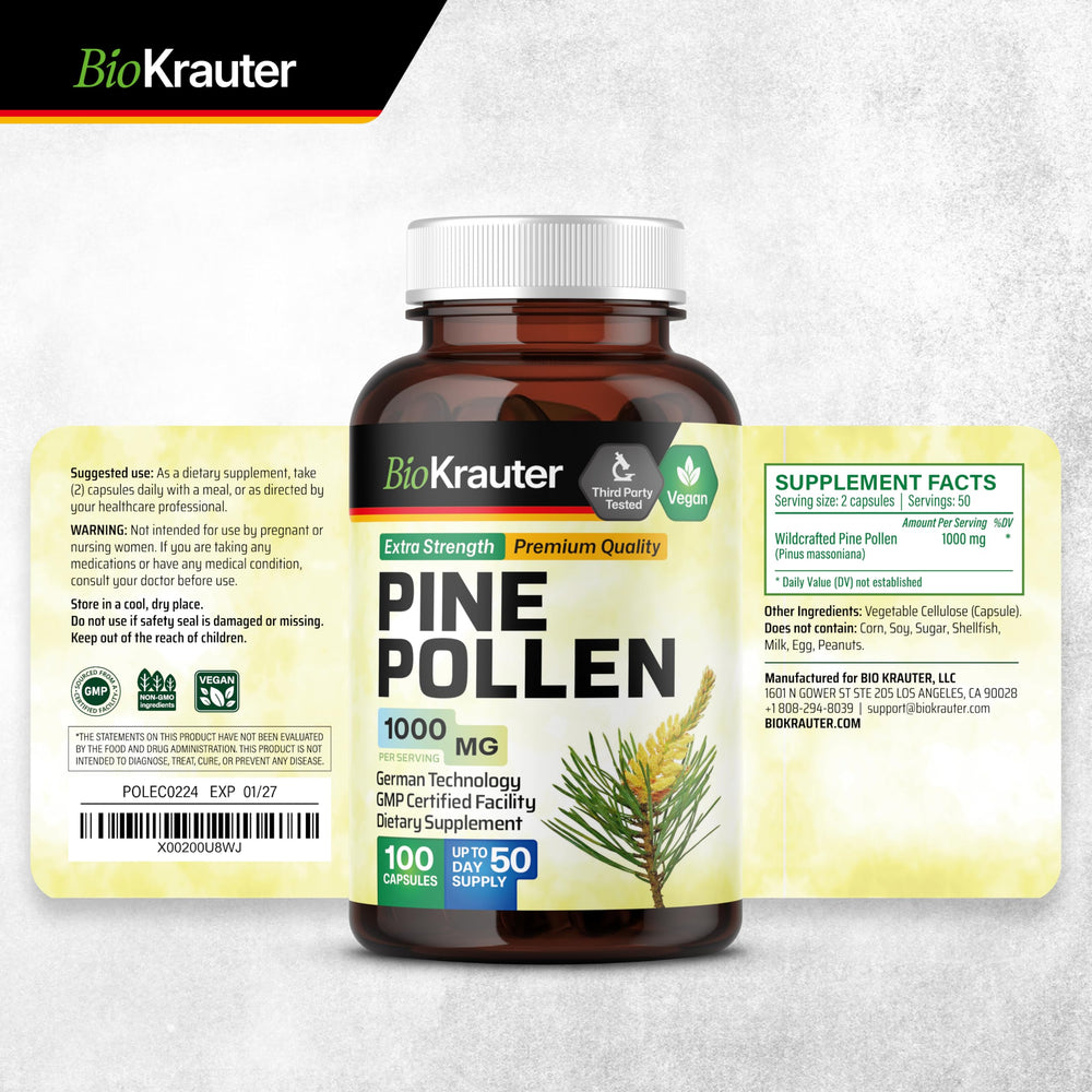 BIO KRAUTER Pine Pollen Capsules on shelf ready for daily use