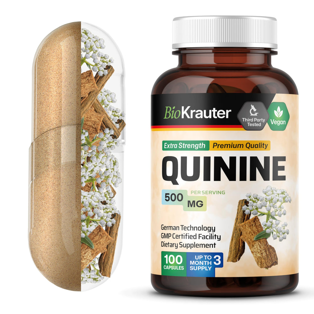 Bio Krauter quinine leg cramps bottle with easy-to-swallow capsules for daily use.