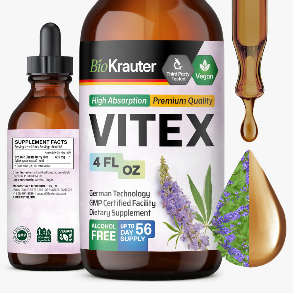 BIO KRAUTER vitex-bottle-pour demonstrates alcohol-free tincture for daily wellness