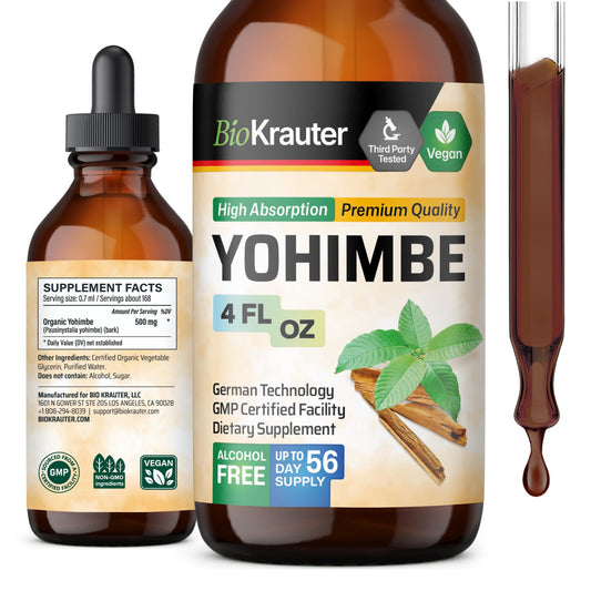 BIO KRAUTER Yohimbe Tincture bottle pour for easy daily dosing