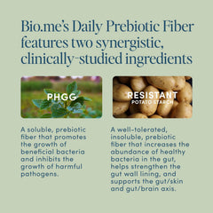 Bio.me Daily Prebiotic Fiber closeup texture shows fine, flavorless powder ideal for daily use.