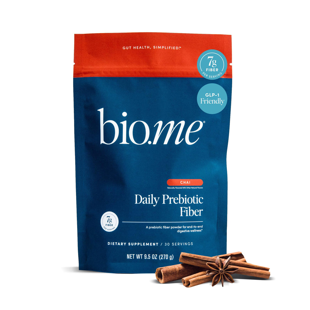 Bio.me Daily Prebiotic Fiber Powder chai bottle front highlighting daily gut support