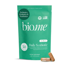Bio.me Synbiotic bottle front promotes daily digestive health for men and women