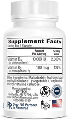 Bio-Tech D3-K2 120 VegCaps nutrition facts panel emphasizes balanced vitamin D3 and K2 intake.