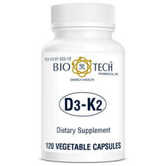 Bio-Tech D3-K2 120 VegCaps packaging demonstrates a bottle-friendly design for on-the-go supplementation.