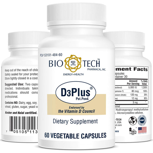 Bio-Tech Pharmacal D3 Plus bottle pouring, a convenient daily supplement for bone and immune support.