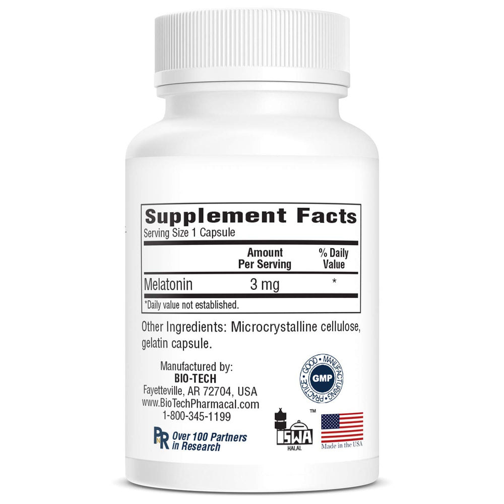 Bio-Tech Pharmacal melatonin label detail shows clear dosage information