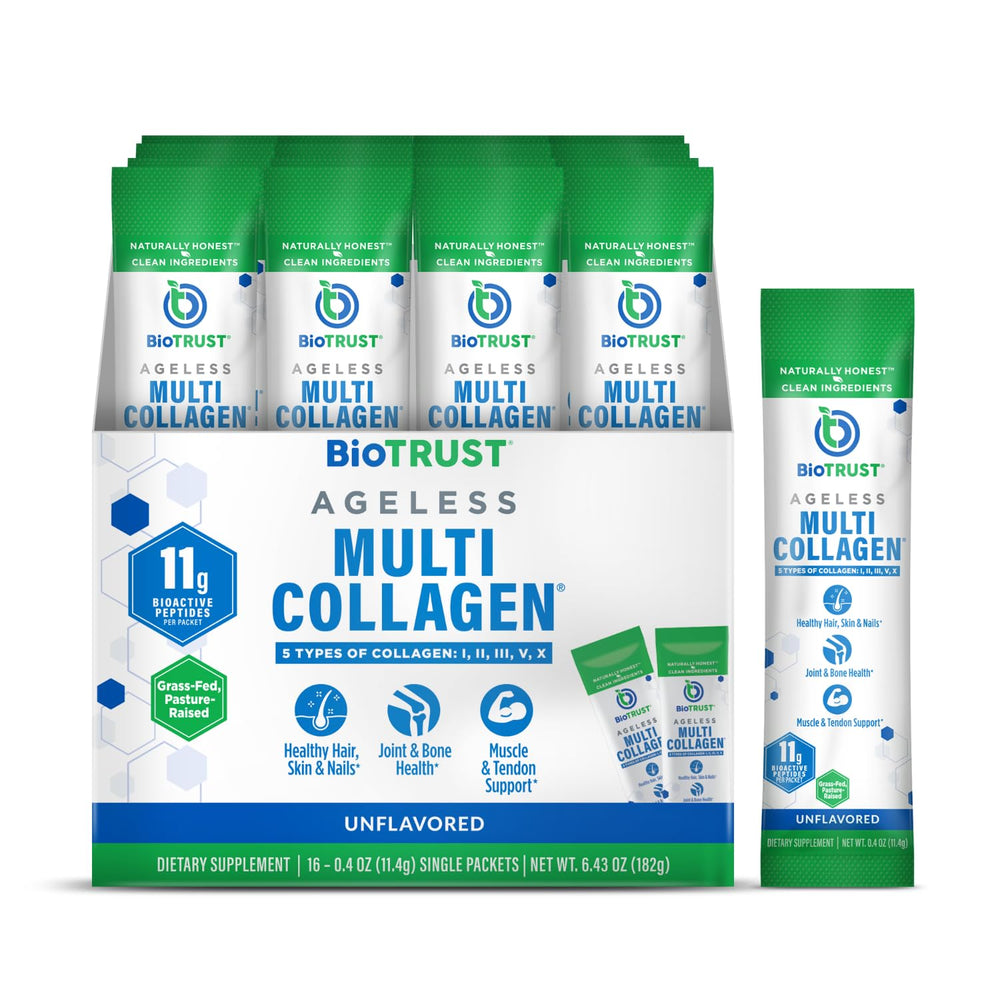 BioTrust Ageless Multi Collagen packets ready to mix for quick daily use