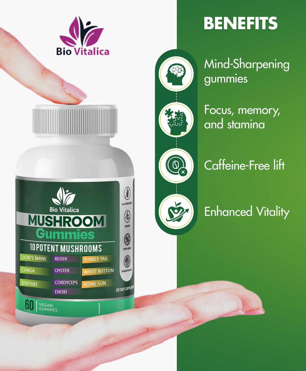 BIO VITALICA Mushroom Gummies ingredients vegan label emphasizing clean plant-based formula