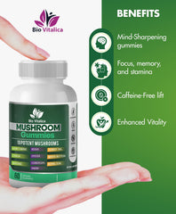 BIO VITALICA Mushroom Gummies ingredients vegan label emphasizing clean plant-based formula