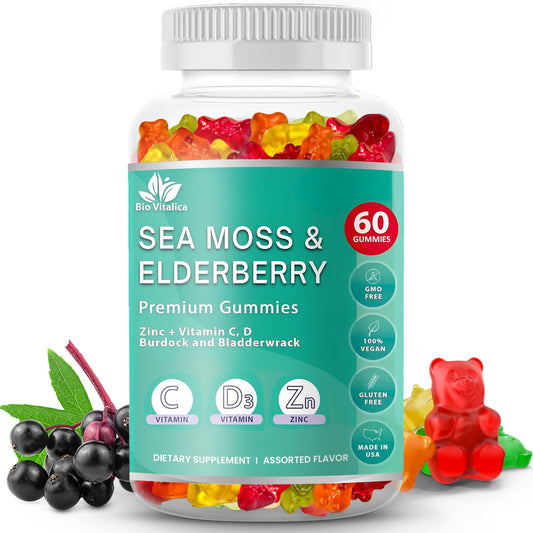 BIO VITALICA Sea Moss Gummies Elderberry packaging highlights immune-support benefits