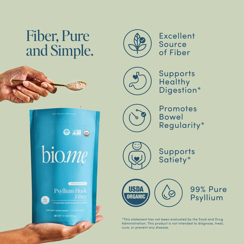 Bio.me psyllium husk fiber unflavored scoop for measuring daily fiber.