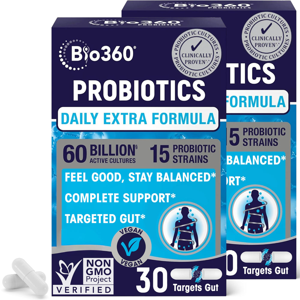 Bio360 extra-strength probiotic bottle highlighting digestive health support and on-the-go benefits.