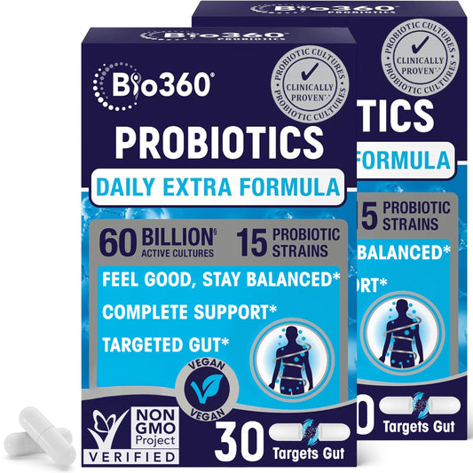 Bio360 extra-strength probiotic bottle highlighting digestive health support and on-the-go benefits.