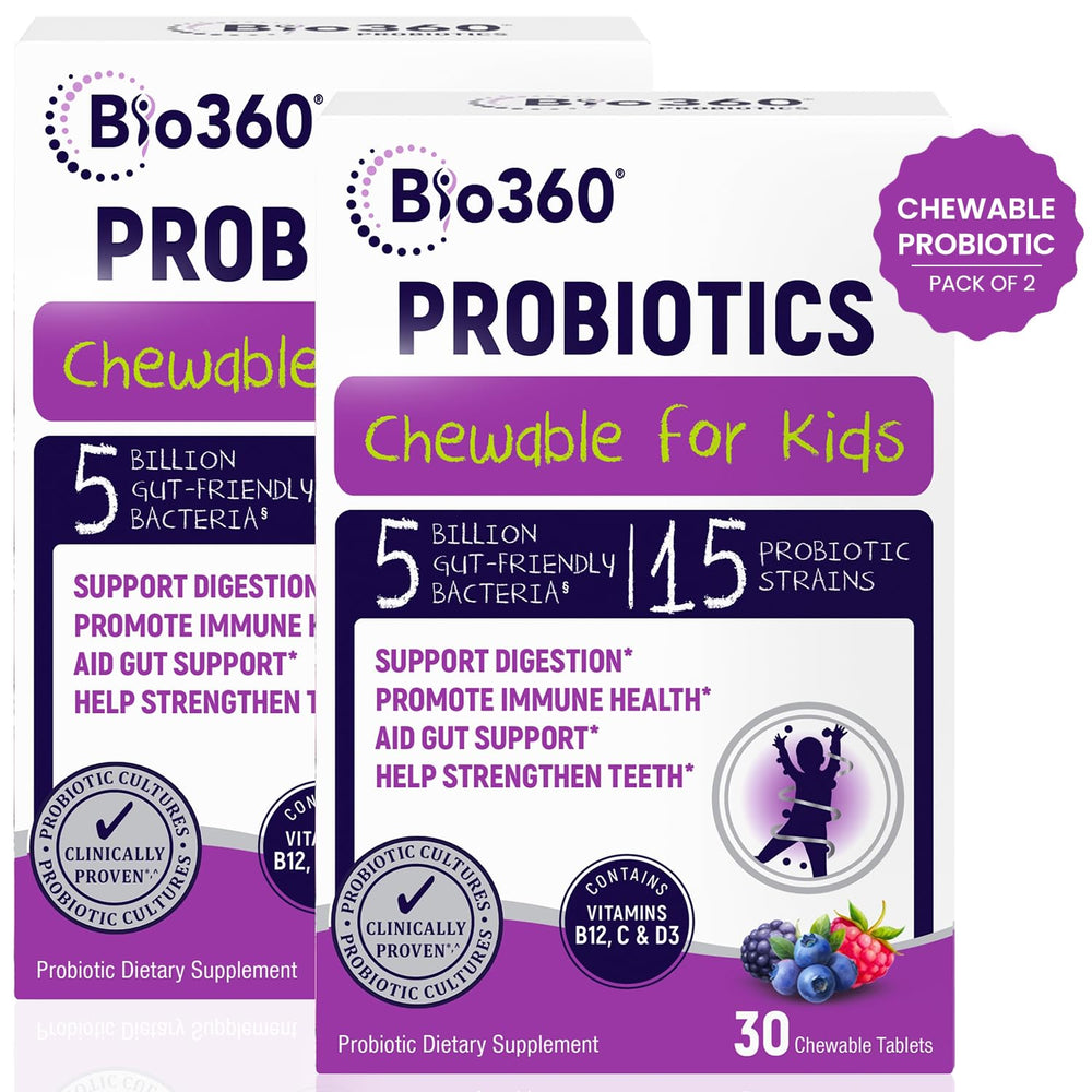 Bio360 Kids Probiotic chewables in berry flavor bottle for digestive support