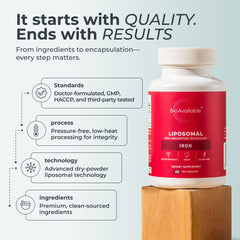 BioAvailable Liposomal Iron capsules, smooth swallow with no metallic aftertaste.