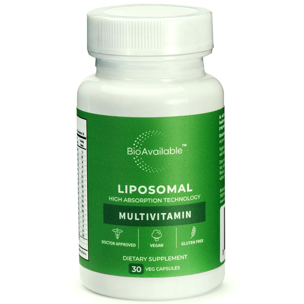 BioAvailable Liposomal Multivitamin bottle closeup highlighting premium absorption potential.