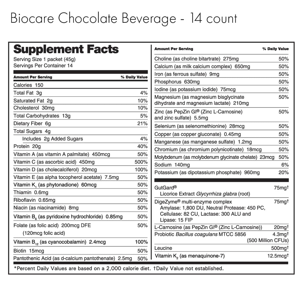 Biocare chocolate label featuring no artificial sweeteners for a clean flavor.