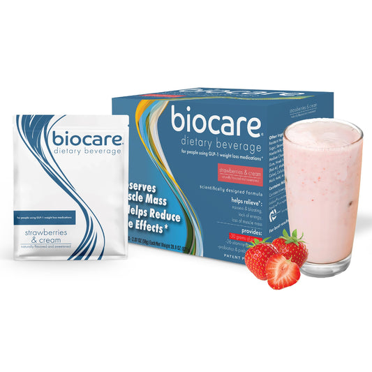 Biocare Strawberry Crème Shake bottle showing protein fuel for workouts.