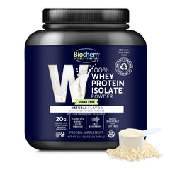 Biochem 100% Whey Isolate bottle label highlights sugar-free protein for lean muscle