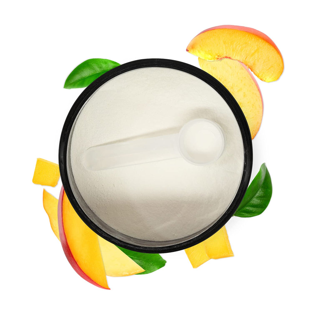 Biochem BCAA Peach Mango dissolved in water showing electrolyte hydration
