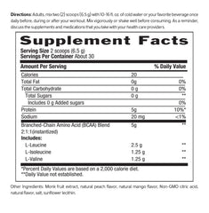 Scoop beside Biochem Peach Mango BCAA powder bottle for accurate serving