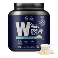 Biochem Whey Protein Isolate Vanilla bottle highlighting grass-fed protein for workouts