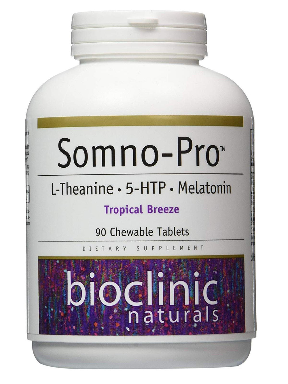 Bioclinic Naturals Somno-Pro tropical breeze bottle with 90 chewable tablets for convenient nightly use.