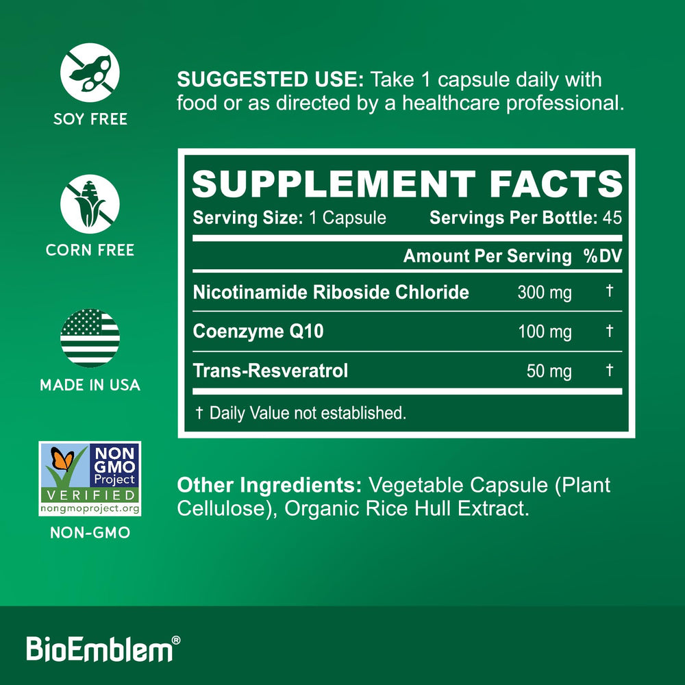 BioEmblem NAD+ capsules highlighting 300 mg NR and CoQ10 blend for energy support