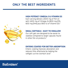 BioEmblem Omega-3 bottle shows EPA and DHA for heart and brain support