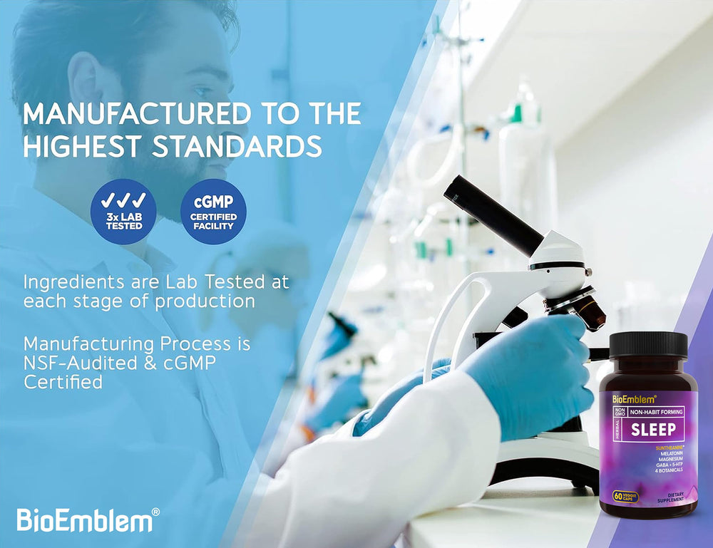 BioEmblem Sleep Aid capsules pour into glass bottle conveying easy nightly rituals.