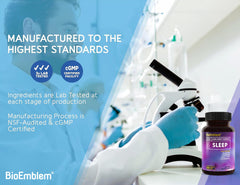 BioEmblem Sleep Aid capsules pour into glass bottle conveying easy nightly rituals.