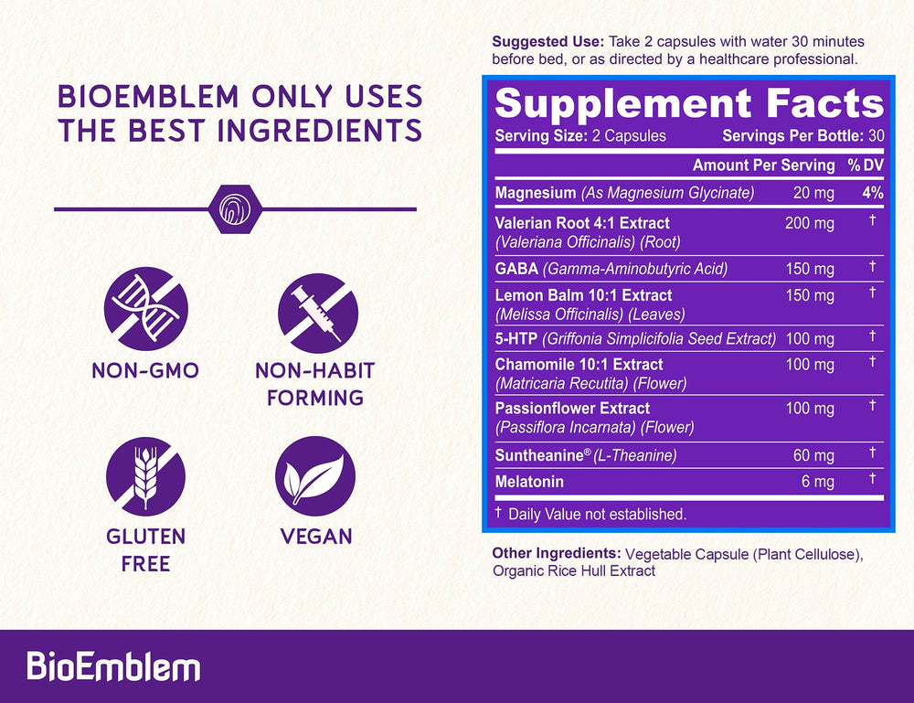BioEmblem Sleep Aid Suntheanine capsules promoting calm before sleep.