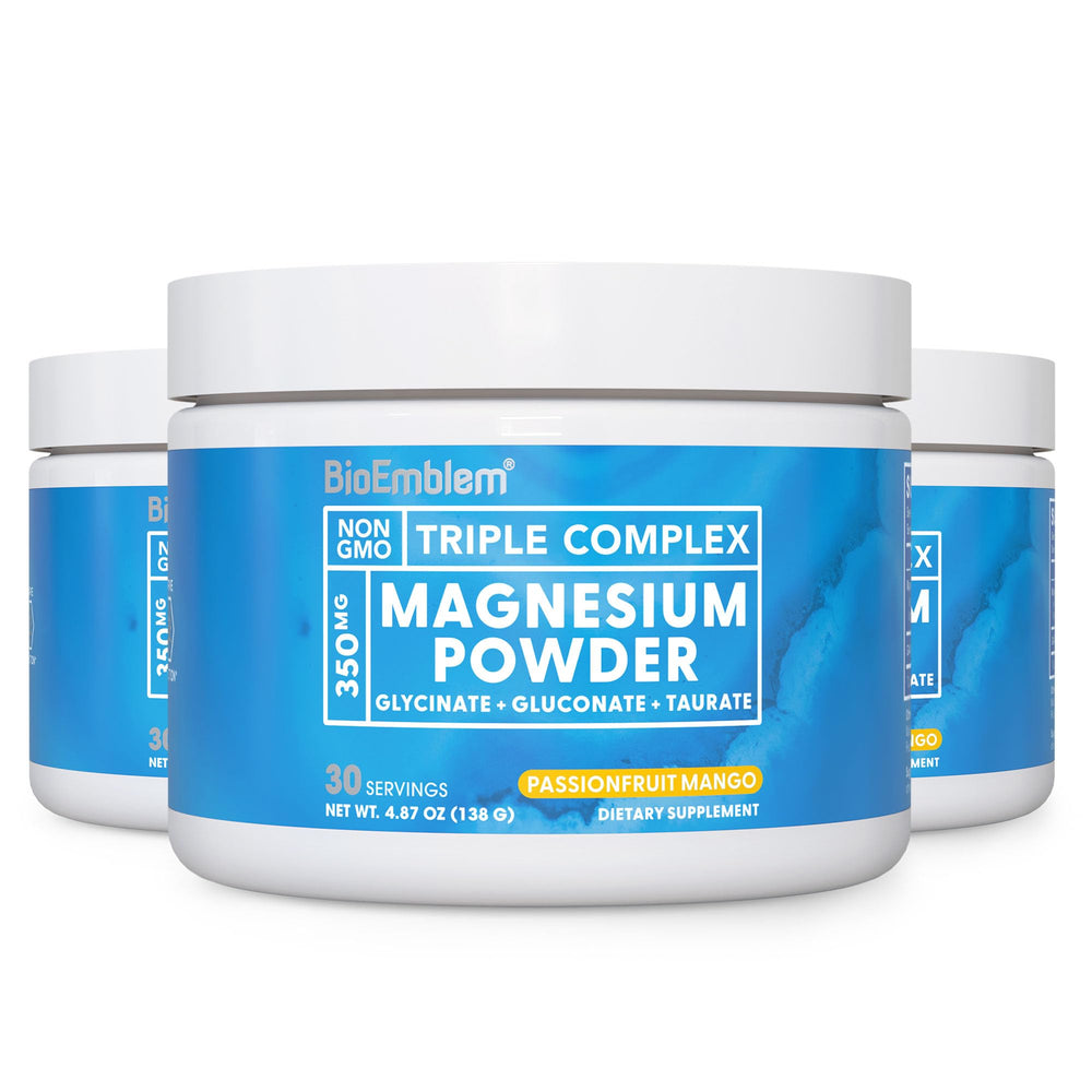 BioEmblem Triple Magnesium bottle closeup highlighting high-absorption blend.