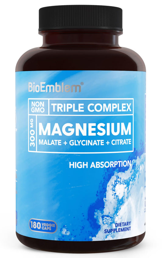 BioEmblem Triple Magnesium Complex bottle front for nerves and muscles support.