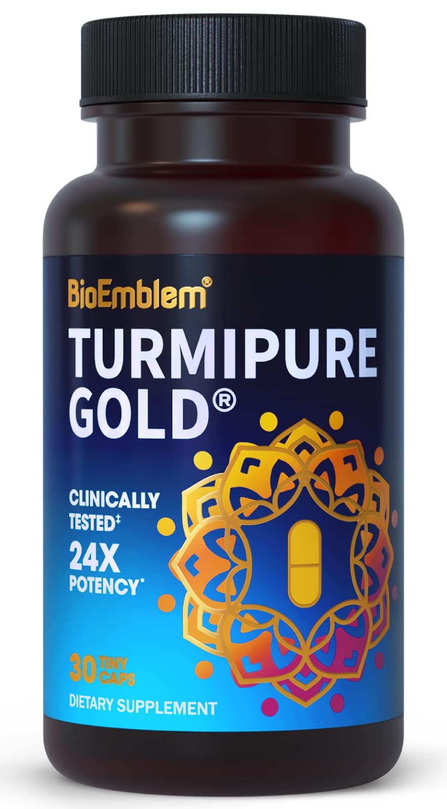 BioEmblem Turmeric Curcumin bottle highlighting TurmiPure Gold for enhanced absorption.