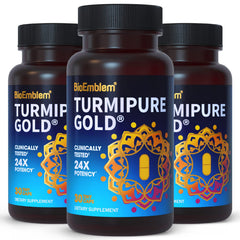 BioEmblem TurmiPure Gold bottle for easy daily turmeric support.