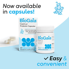 BioGaia Gastrus capsules close-up highlighting convenient daily use.
