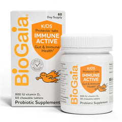 BioGaia Immune Active Kids packaging with orange chewables for kids ages 3 and up.