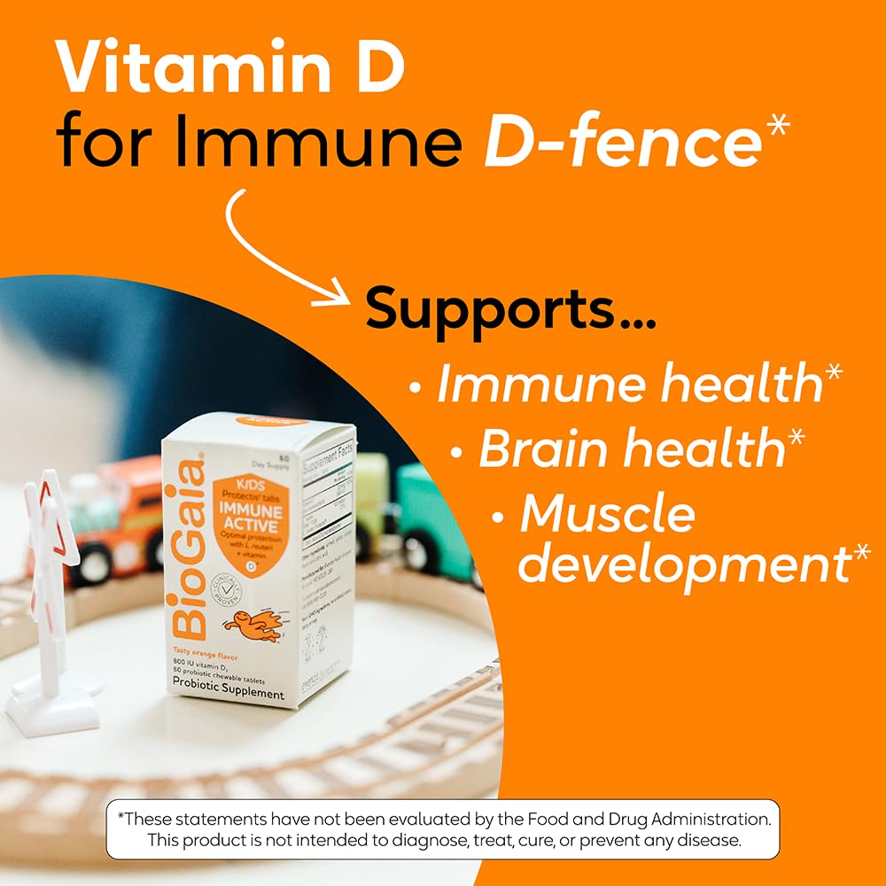Vitamin D3 icon on BioGaia Immune Active Kids label highlighting immune support.