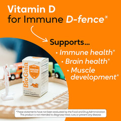 Vitamin D3 icon on BioGaia Immune Active Kids label highlighting immune support.