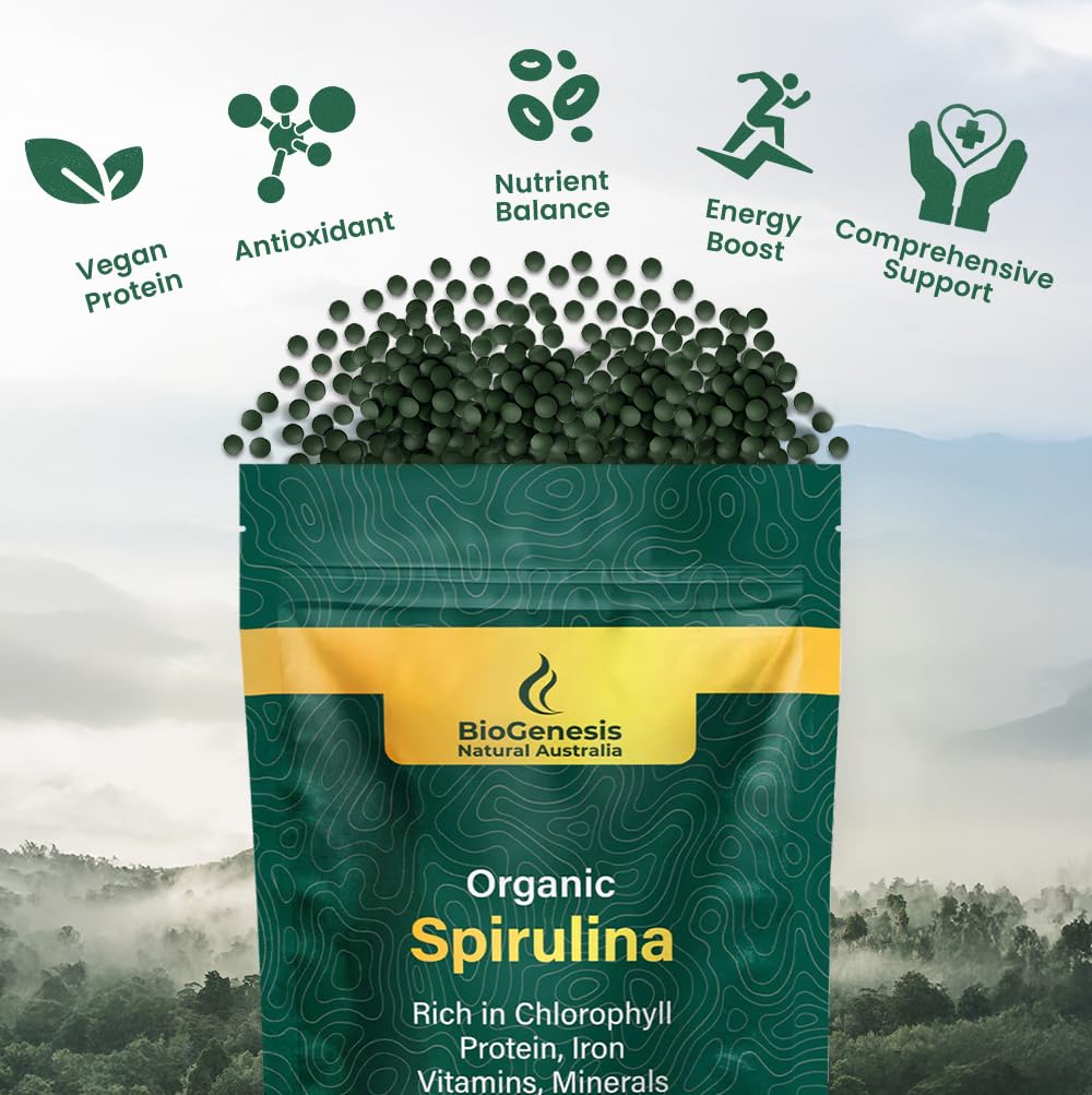 Biogenesis Spirulina mini tablets bottle with Australian Made & Grown label.