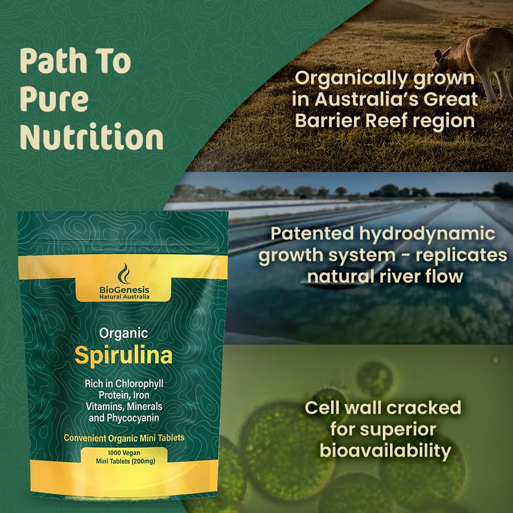Biogenesis Spirulina mini tablets on scoop for daily intake and ease.